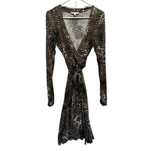 CAbi Women’s Size M‎ Faux Wrap Brown Animal Printed Long Sleeve Stretchy Dress